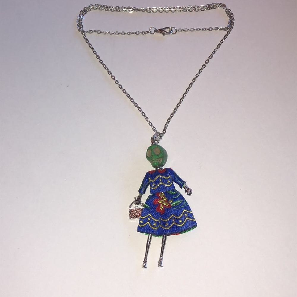 Unique Blue and Green Skull Lady In Dress Boho Pendant Necklace - Picture 2 of 6